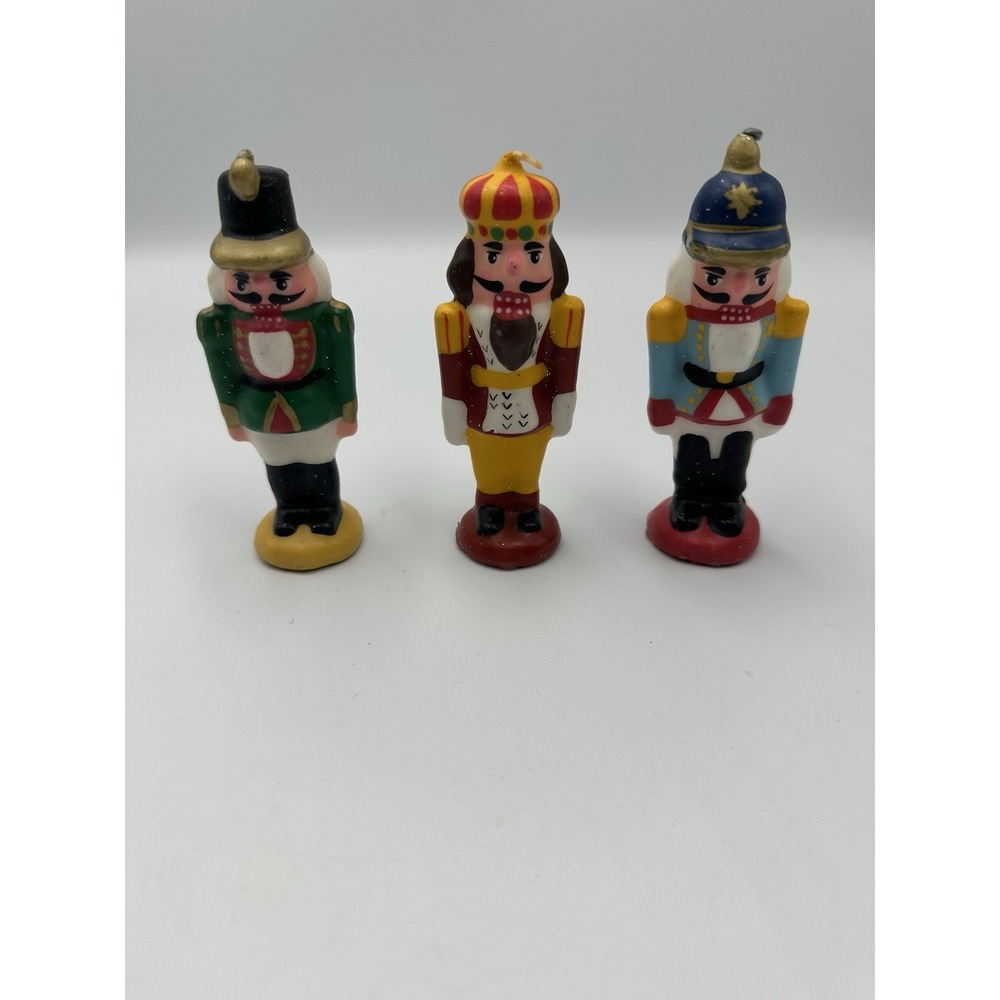 Set of 3 Vintage MCM Nutcracker Wax Candles 4" Tall Hand Painted Christmas Decor